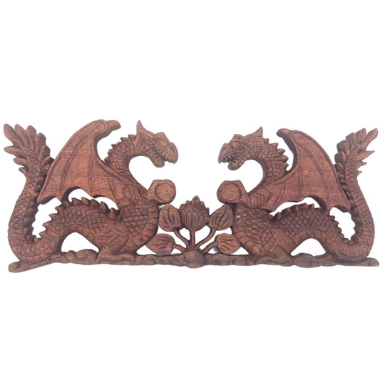 Suar Wood Dragon Carving Panel – 40x15 CM handcrafted suar wood wall panel with two mirrored dragons and floral center detail