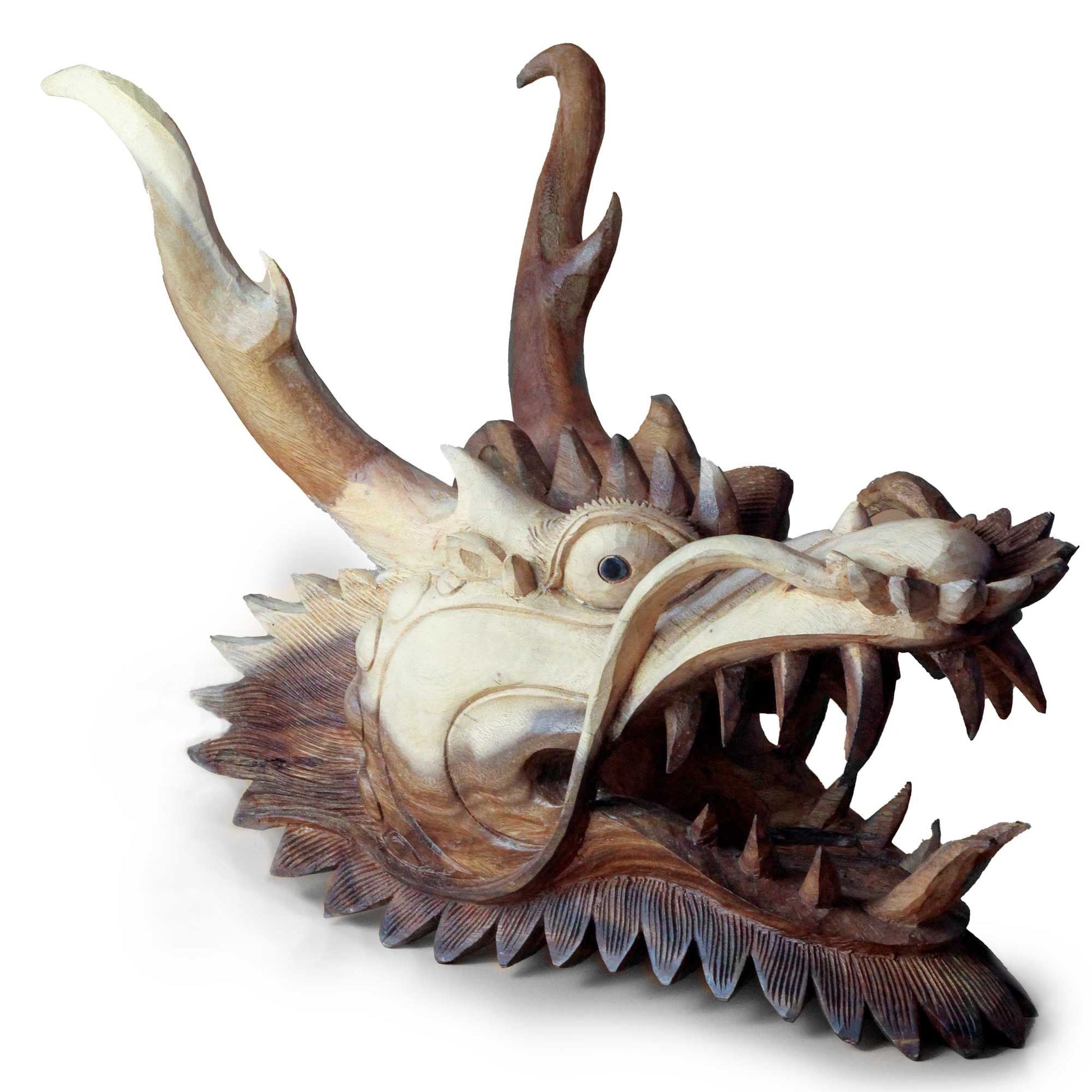 Alt Tag: Suar Wood Dragon Head Panel – 30 CM carved wooden dragon head wall panel with detailed scales, open mouth and horns