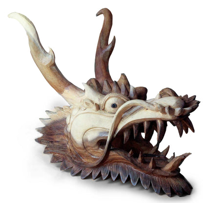 Alt Tag: Suar Wood Dragon Head Panel – 30 CM carved wooden dragon head wall panel with detailed scales, open mouth and horns