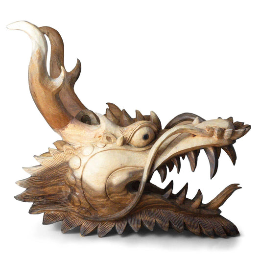 Alt Tag: Suar Wood Dragon Head Panel – 30 CM carved dragon head wall panel, detailed scales and horns, natural wood finish