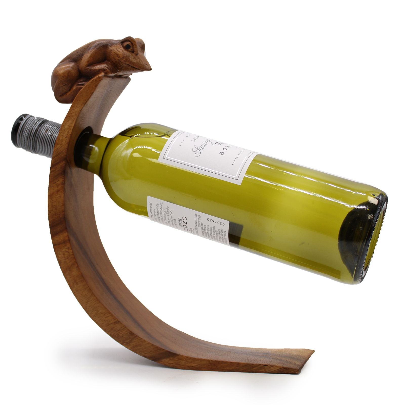Alt Tag: Suar Wood Frog Bottle Holder – 6x20x27 CM handcrafted suar wood frog balance wine bottle holder stand