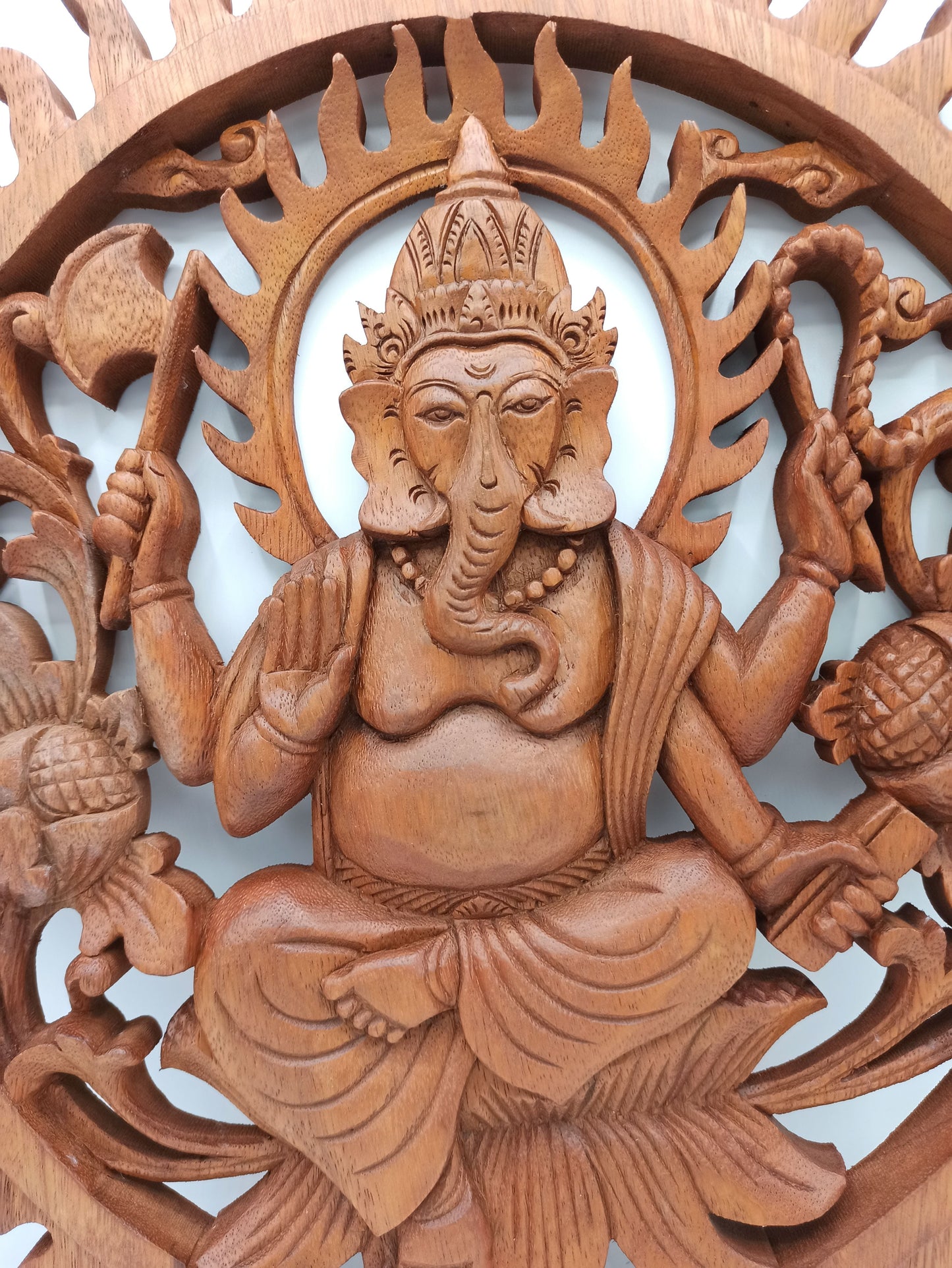 Alt Tag: Suar Wood Ganesh Panel – 40CM Wall Art, hand-carved Indonesian suar wood wall panel with detailed Lord Ganesh relief