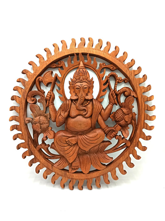 Alt Tag: Suar Wood Ganesh Panel – 40CM Wall Art, panel de pared circular tallado a mano en madera de suar con Ganesh