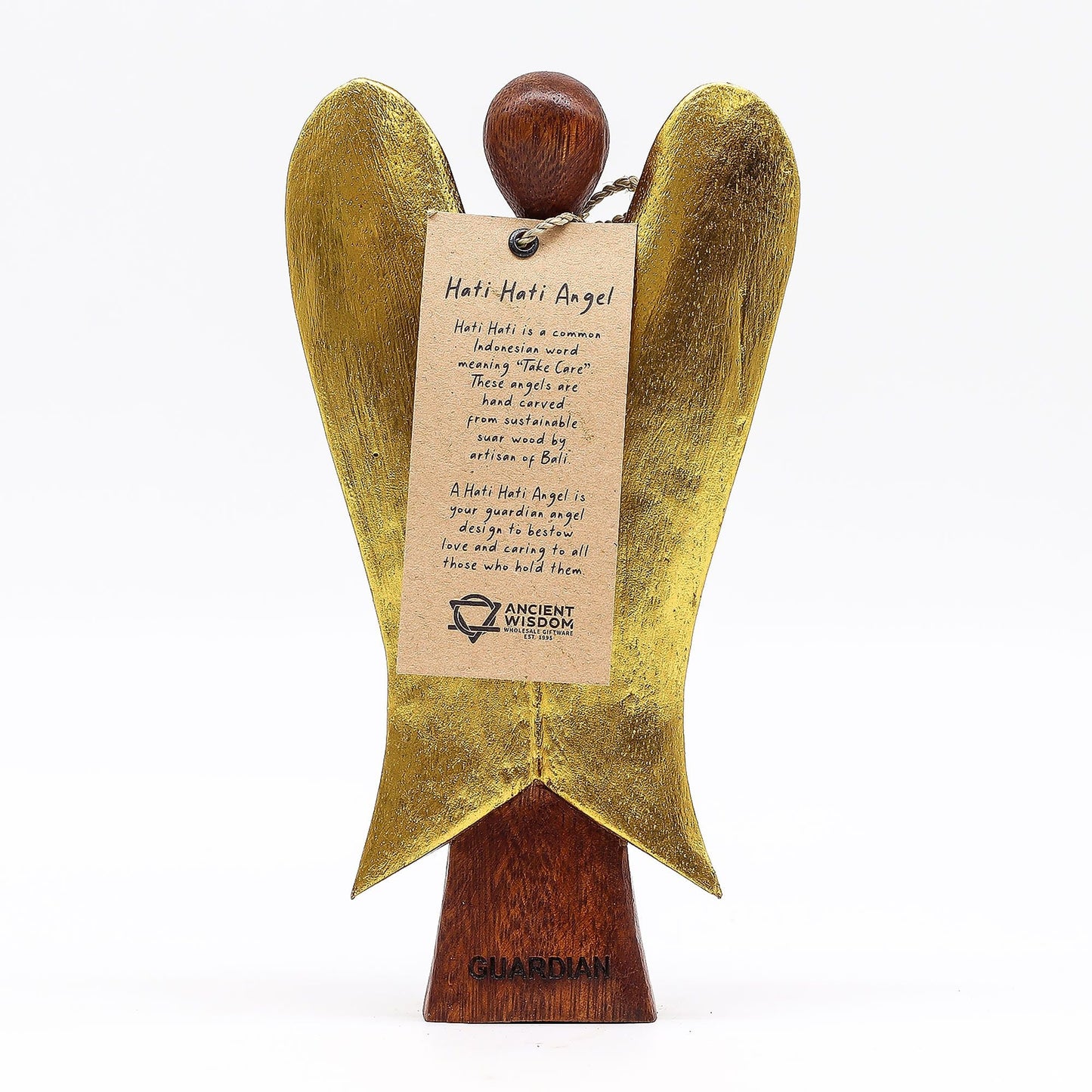 Alt Tag: Suar Wood Guardian Angel – 20CM Hand-Carved wooden angel statue with gold wings and hanging tag, handcrafted decor