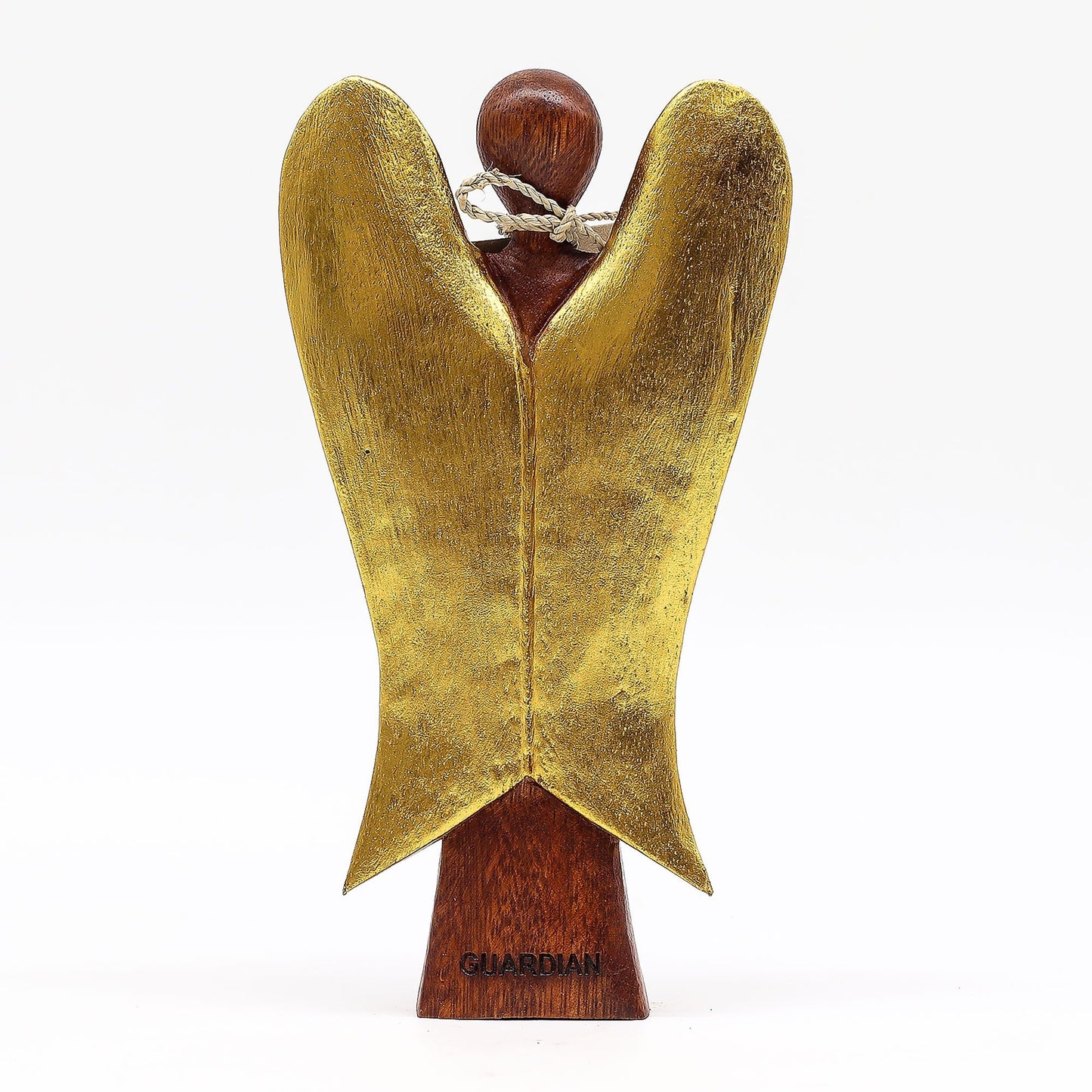 Alt Tag: Suar Wood Guardian Angel – 20CM Hand-Carved wooden angel figurine with gold wings, hand-carved decor sculpture