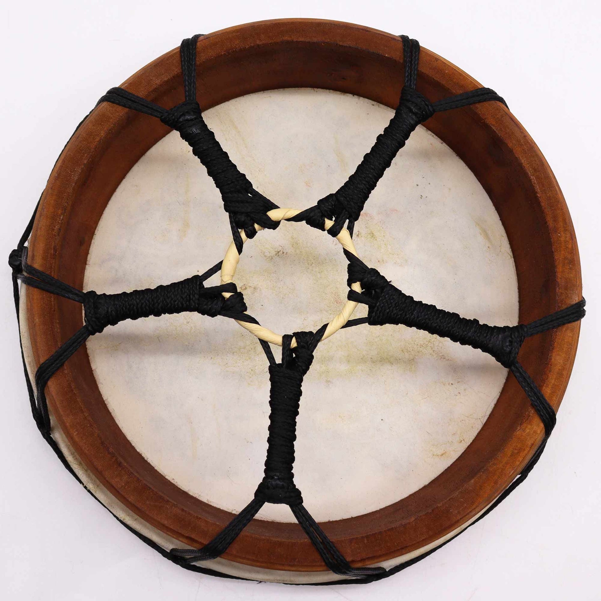 Suar Wood Hamsa Shamanic Drum – 30 CM, back view showing wooden frame, drumhead, and black laced handle