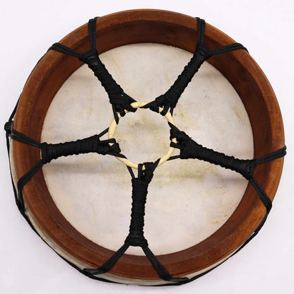 Suar Wood Hamsa Shamanic Drum – 30 CM, back view showing wooden frame, drumhead, and black laced handle