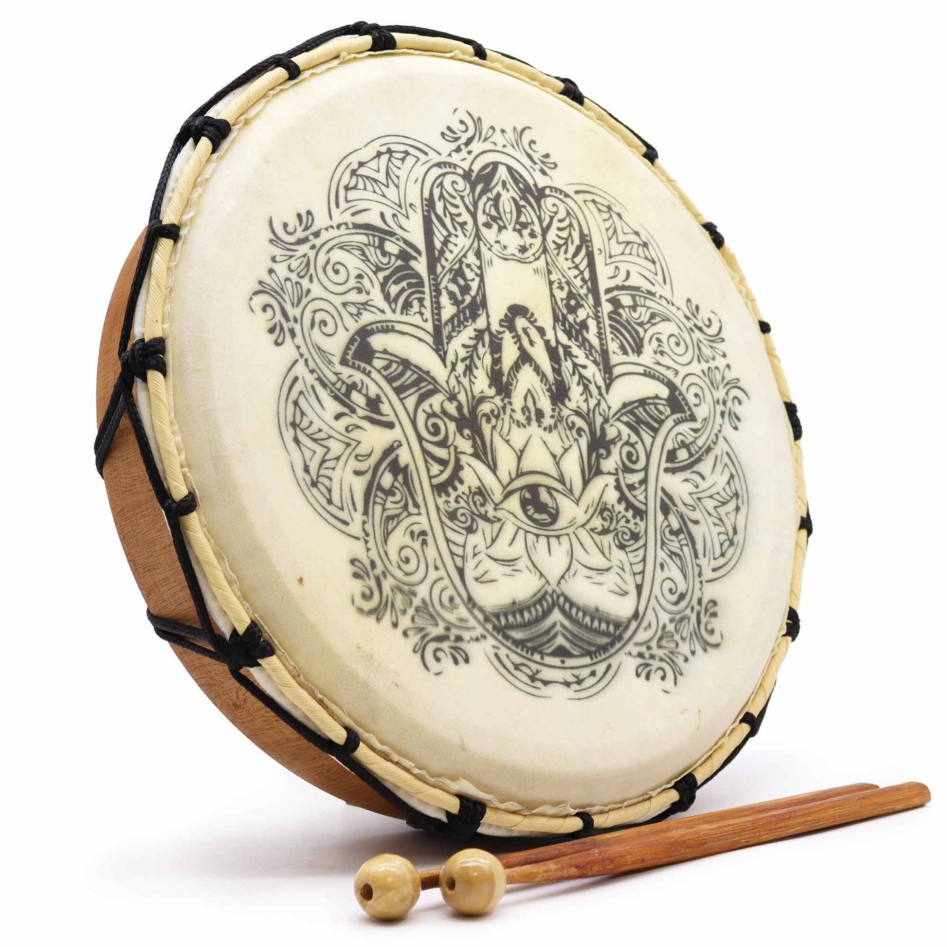 Alt Tag: Suar Wood Hamsa Shamanic Drum – 30 CM, tambor con símbolo Hamsa, aro de madera y maza incluida