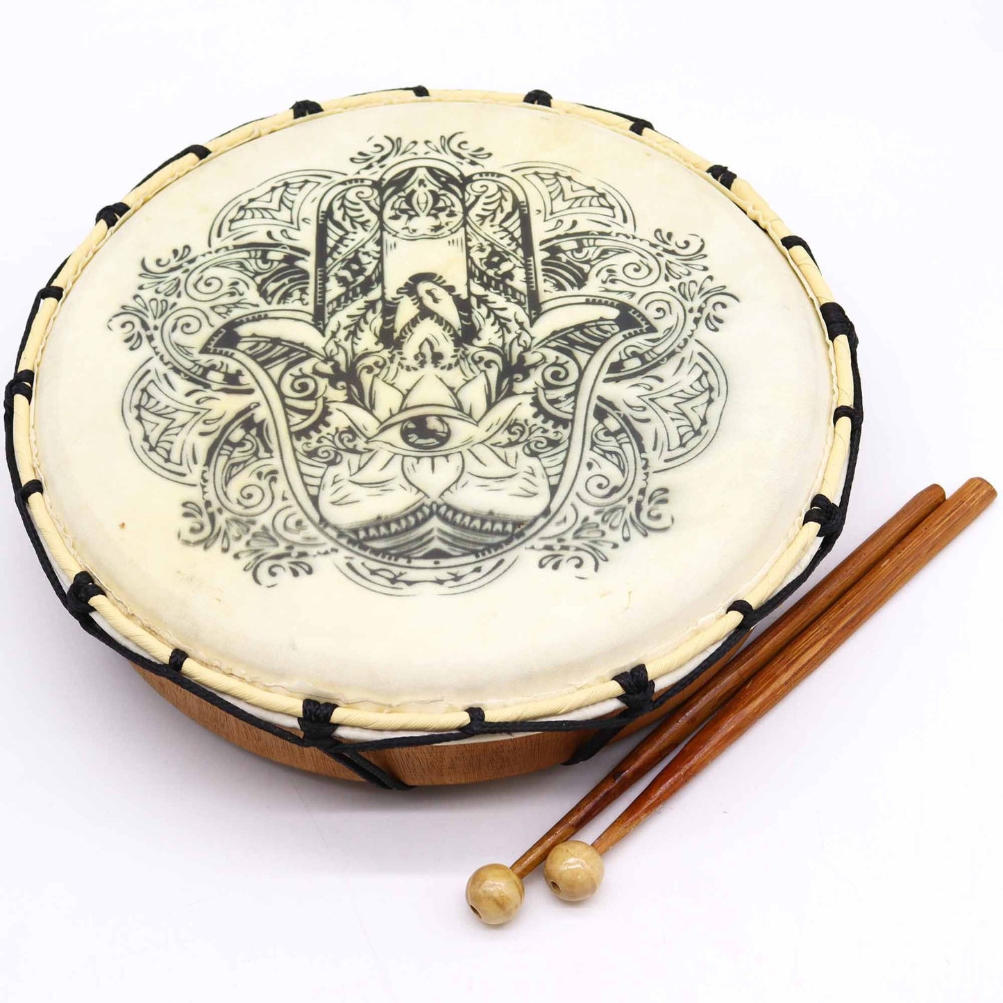 Alt Tag: Suar Wood Hamsa Shamanic Drum – 30 CM with Hamsa hand design, frame drum and two wooden mallets on white background