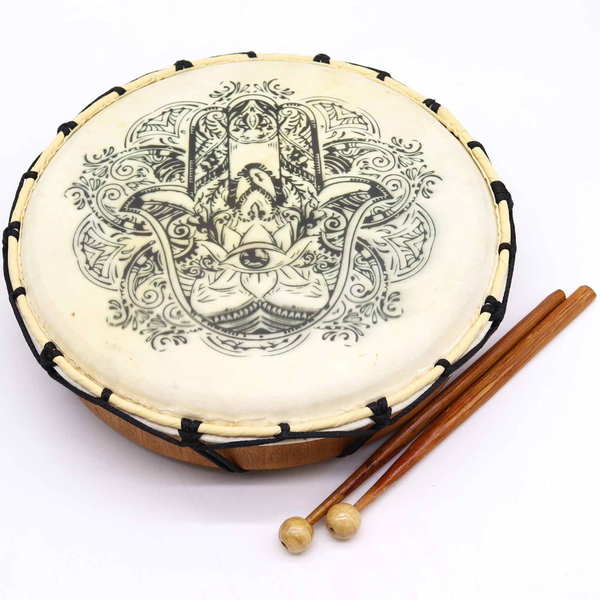 Alt Tag: Suar Wood Hamsa Shamanic Drum – 30 CM with Hamsa hand design, frame drum and two wooden mallets on white background
