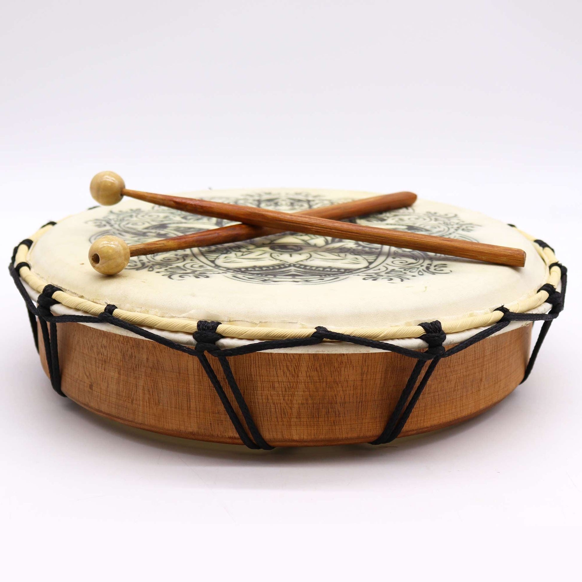 Suar Wood Hamsa Shamanic Drum – 30 CM with Hamsa design and two wooden mallets on drumhead