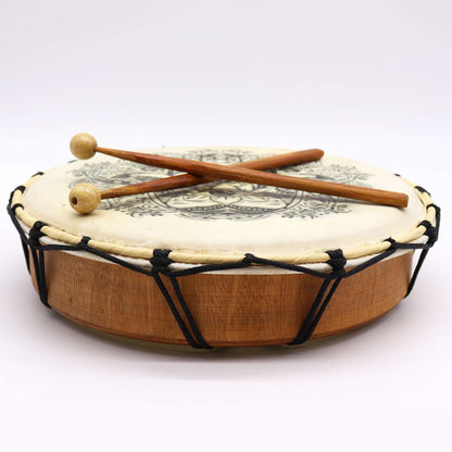 Suar Wood Hamsa Shamanic Drum – 30 CM with Hamsa design and two wooden mallets on drumhead