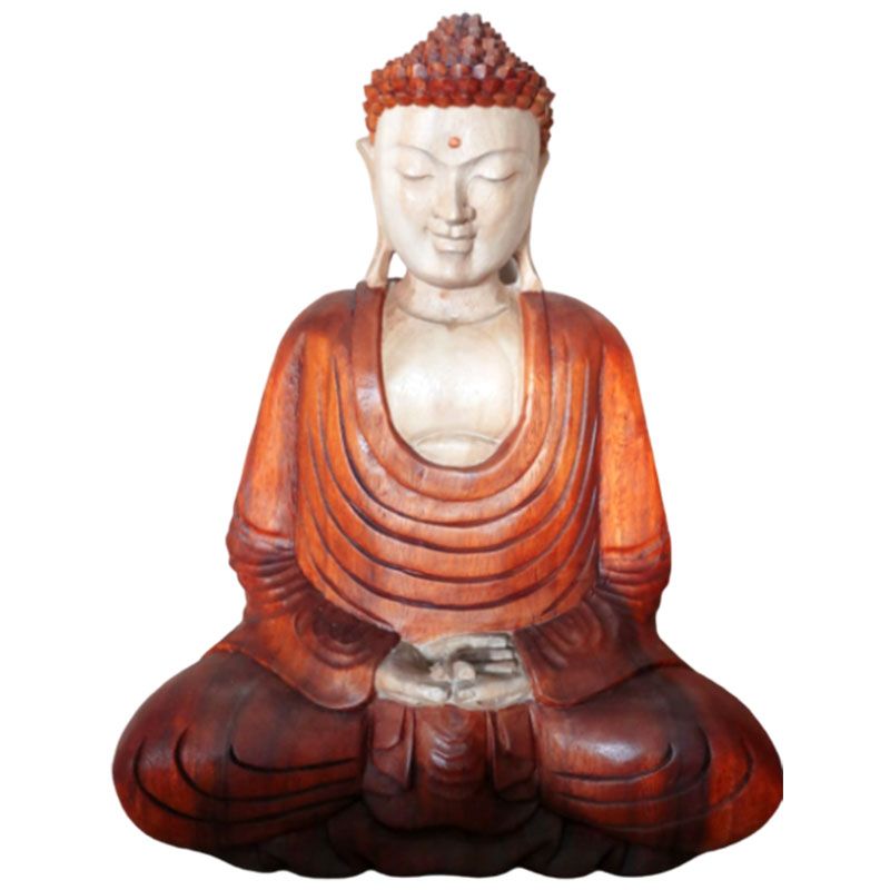 Estatua de Buda tallada a mano en madera de suar – 40CM, acabado bicolor, postura de meditación