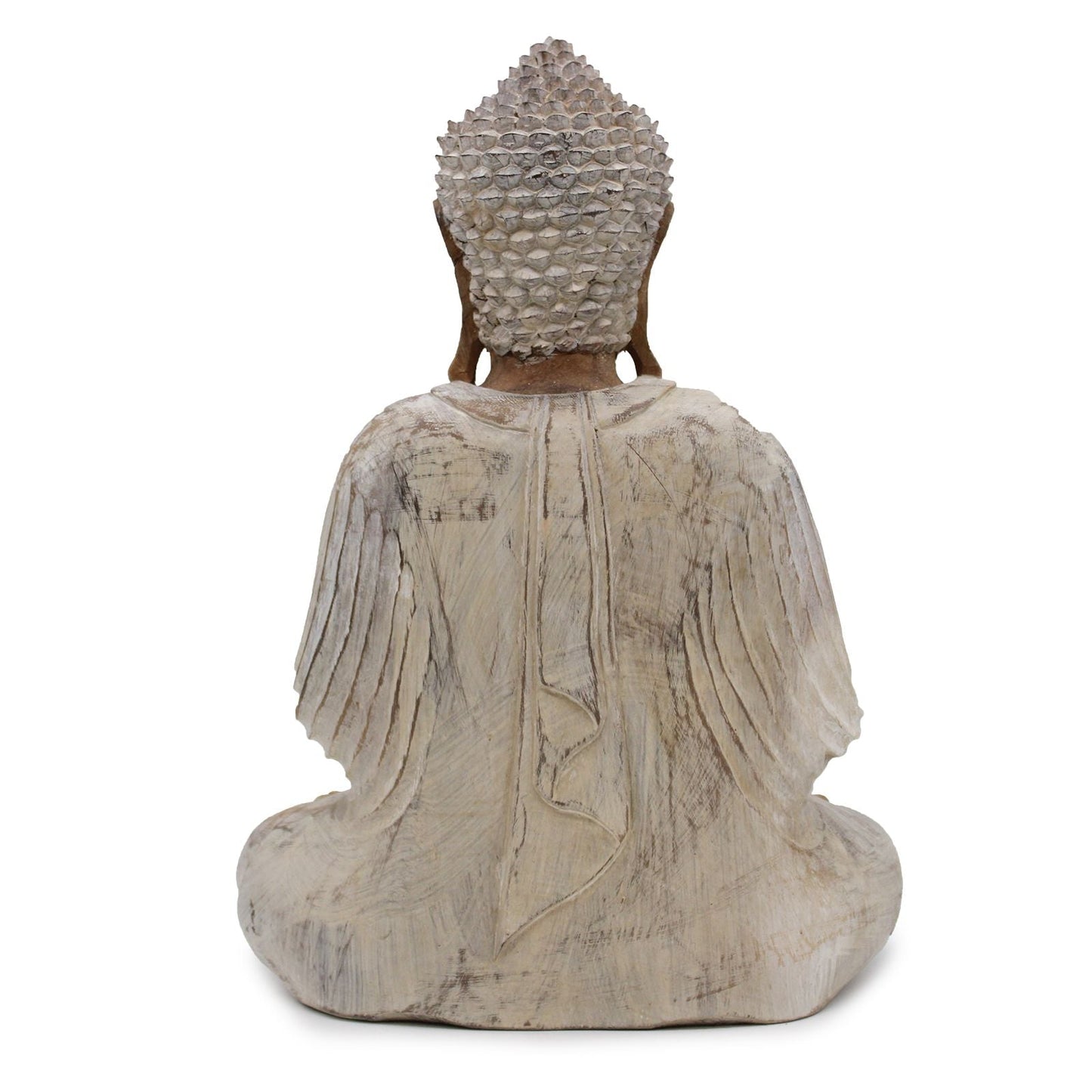 Handsnidad Buddha-staty i suarträ – 40CM Teaching, bakvy av handsnidad staty i suarträ med whitewash-finish