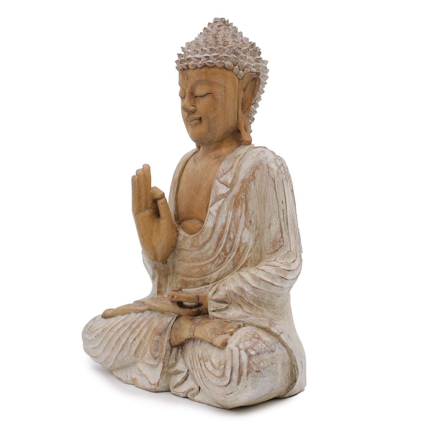 Handskuren Buddha-staty i suarträ – 40CM Undervisande i suarträ med whitewash-finish, sittande Buddha handskuren för hand