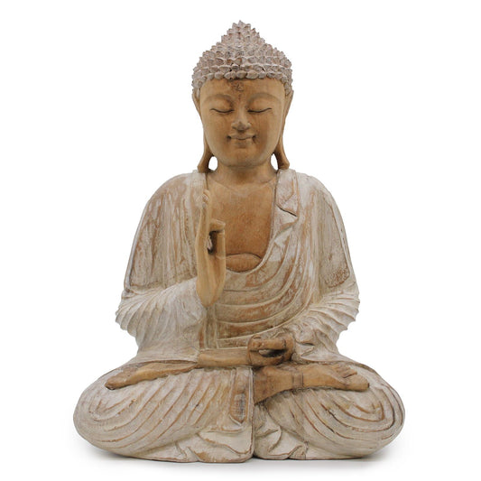 Suar Wood Hand-Carved Buddha Statue – 40CM Teaching, seated teaching mudra, whitewash finish Balinese carved Suar wood decor