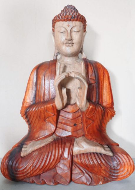 Handgeschnitzte Buddha-Statue aus Suarholz – 60CM, handgeschnitzte Buddha-Statue aus Suarholz im balinesischen Stil, sitzend mit roter Robe
