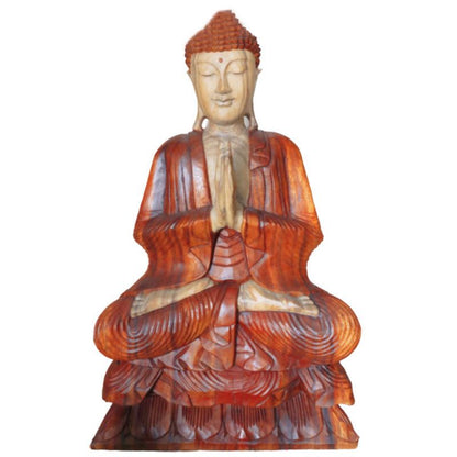 Alt Tag: Handskuren Buddhastaty i suarträ – 80CM, sittande Buddha med händerna i bön, handskuren trästaty
