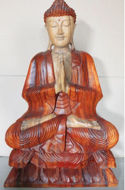 Handskuren Buddha-staty i suarträ – 80 CM sittande Buddha i böneställning, handgjord suarträskulptur från Bali med detaljrik snideri