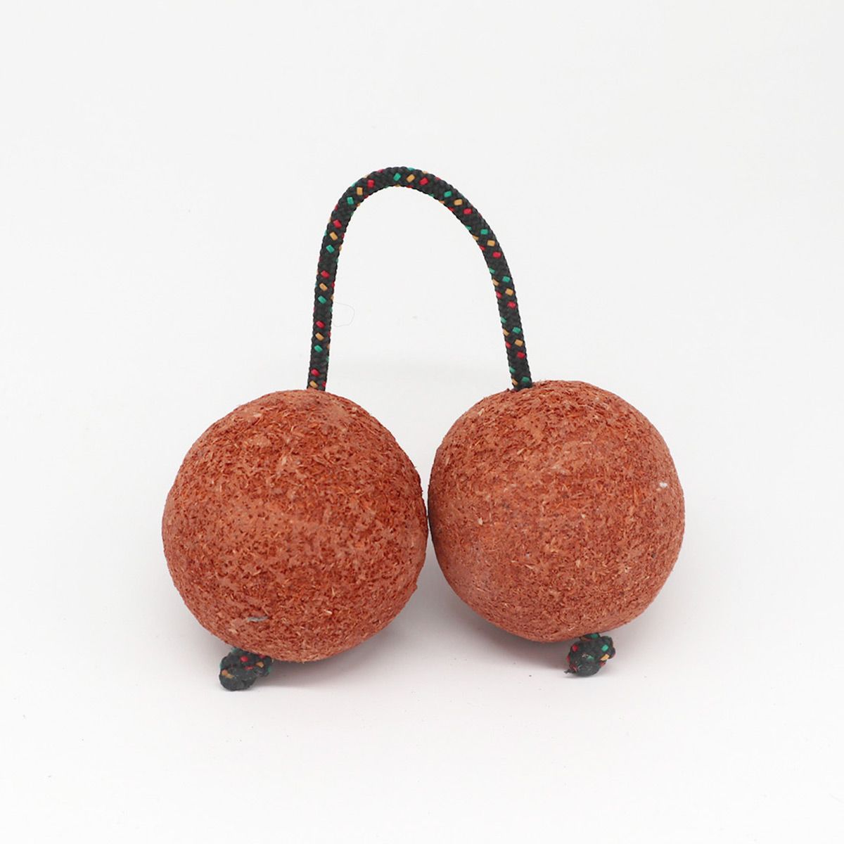 Alt Tag: Suar Wood Hand-Carved Kashaka Shaker – 26CM, Bali-made suar wood shaker with two carved wooden spheres and cord handle