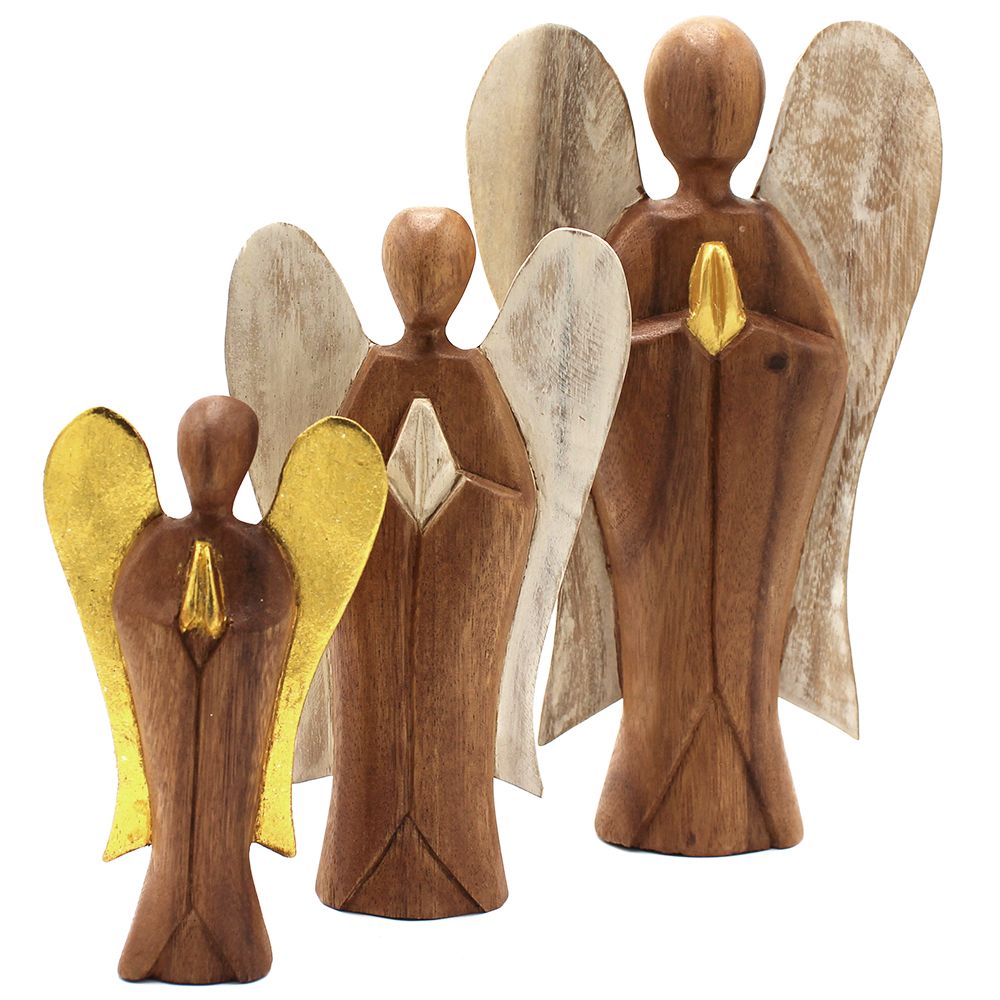 Alt-Tag: Suarholz Hati-Hati Engel – 15CM Freundschaft, handgeschnitzte Engel-Figuren aus Suarholz mit goldenen und weißen Flügeln