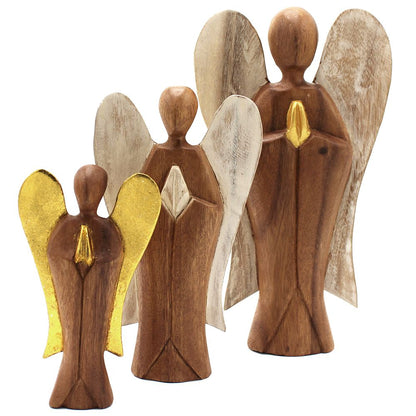 Alt-Tag: Suarholz Hati-Hati Engel – 15CM Freundschaft, handgeschnitzte Engel-Figuren aus Suarholz mit goldenen und weißen Flügeln