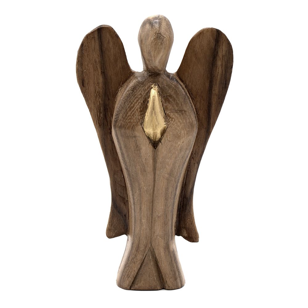 Suar Wood Hati-Hati Angel – 15CM Freundschafts-Engelsfigur aus handgeschnitztem indonesischem Suarholz mit Flügeln, Vorderansicht