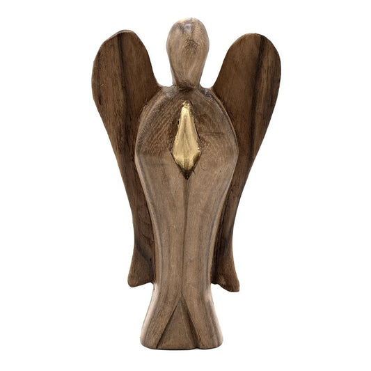 Suar Wood Hati-Hati Angel – 15CM Freundschafts-Engelsfigur aus handgeschnitztem indonesischem Suarholz mit Flügeln, Vorderansicht