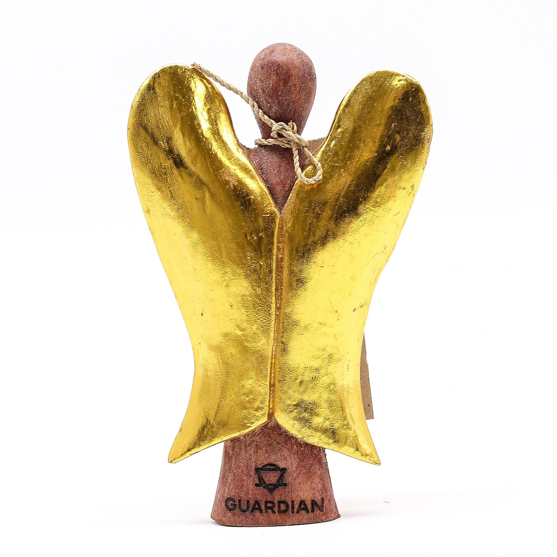 Alt Tag: Suar Wood Hati-Hati Angel – Guardian 15CM hand-carved Indonesian suar wood angel statue with gold wings, 15cm