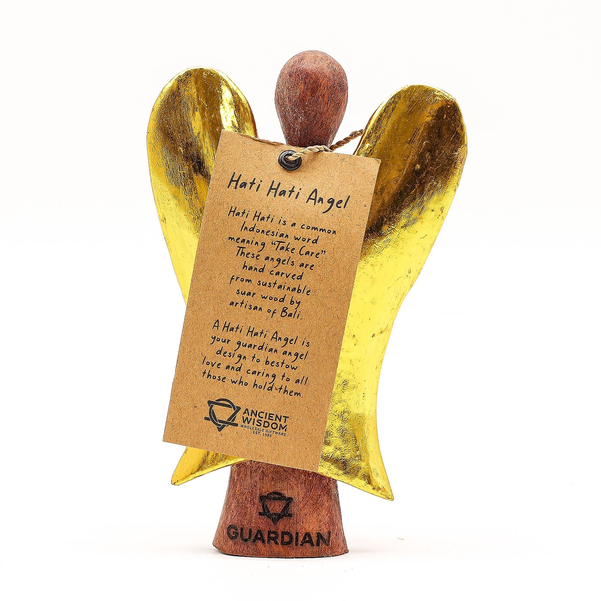 Alt Tag: Suar Wood Hati-Hati Angel – Guardian 15CM hand-carved Suar wood angel statue with gold wings and hanging tag