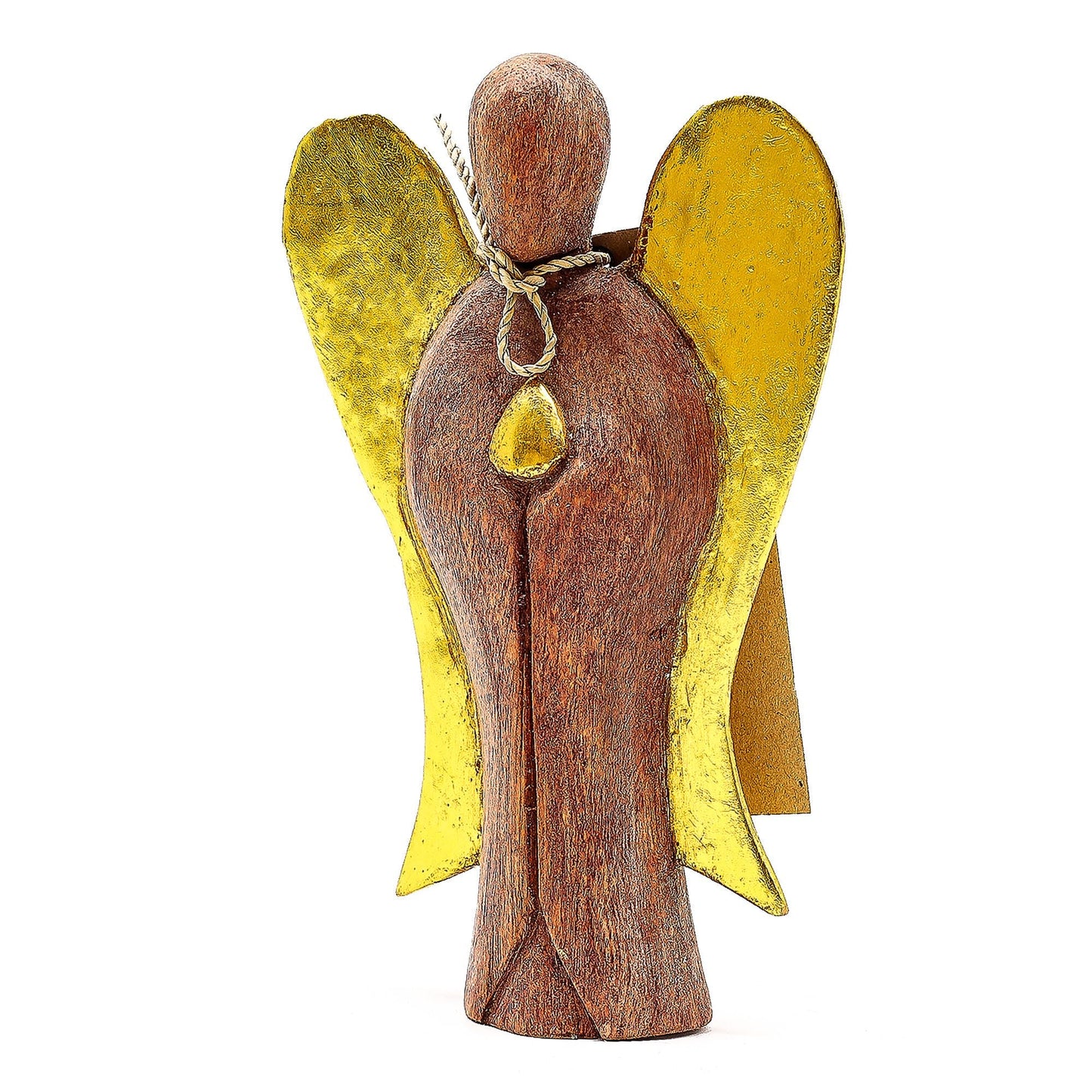 Suar Wood Hati-Hati Angel – Guardian 15CM hand-carved Suar wood angel statue with gold wings, 15cm