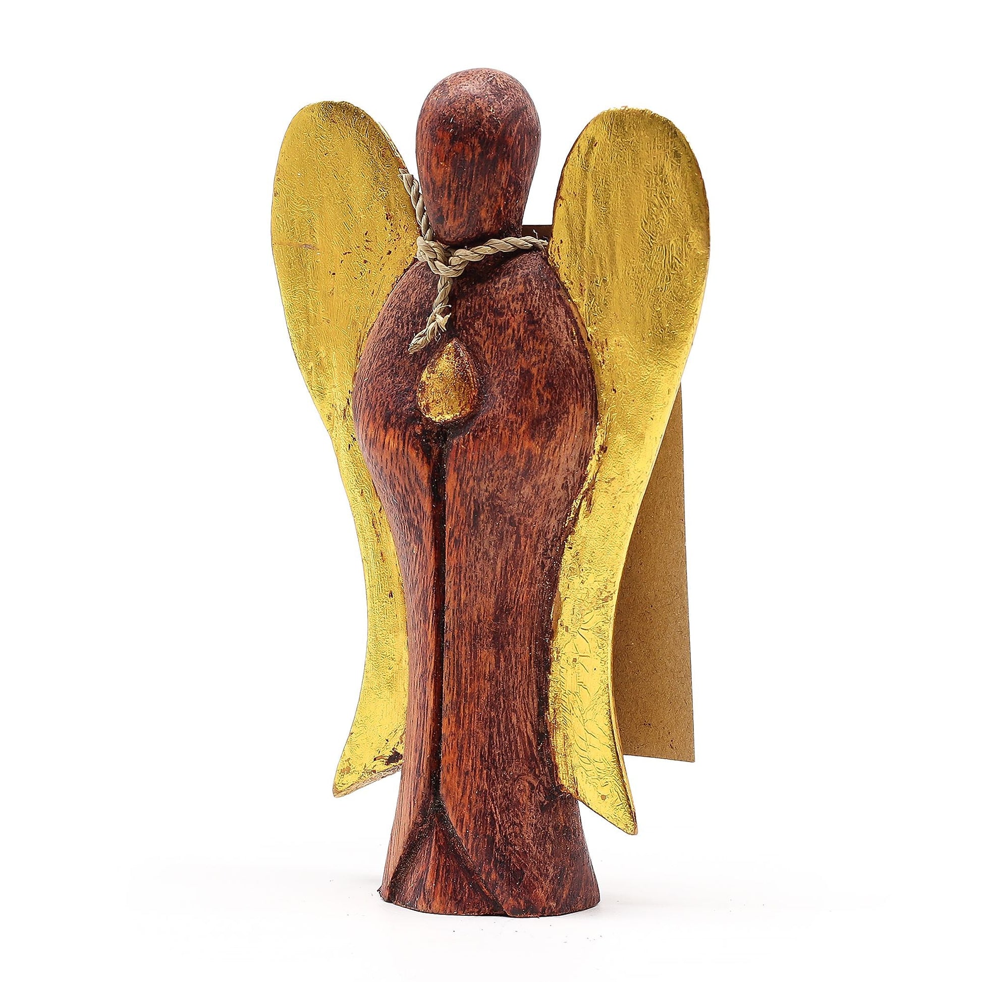 Alt Tag: Suar Wood Hati-Hati Angel – Joy 15CM hand-carved suar wood angel figurine with gold wings, artisan finish