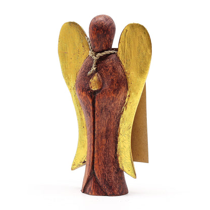 Alt Tag: Suar Wood Hati-Hati Angel – Joy 15CM hand-carved suar wood angel figurine with gold wings, artisan finish