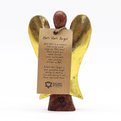 Alt Tag: Suar Wood Hati-Hati Angel – Joy 15CM hand-carved suar wood angel figurine with gold wings and hanging tag