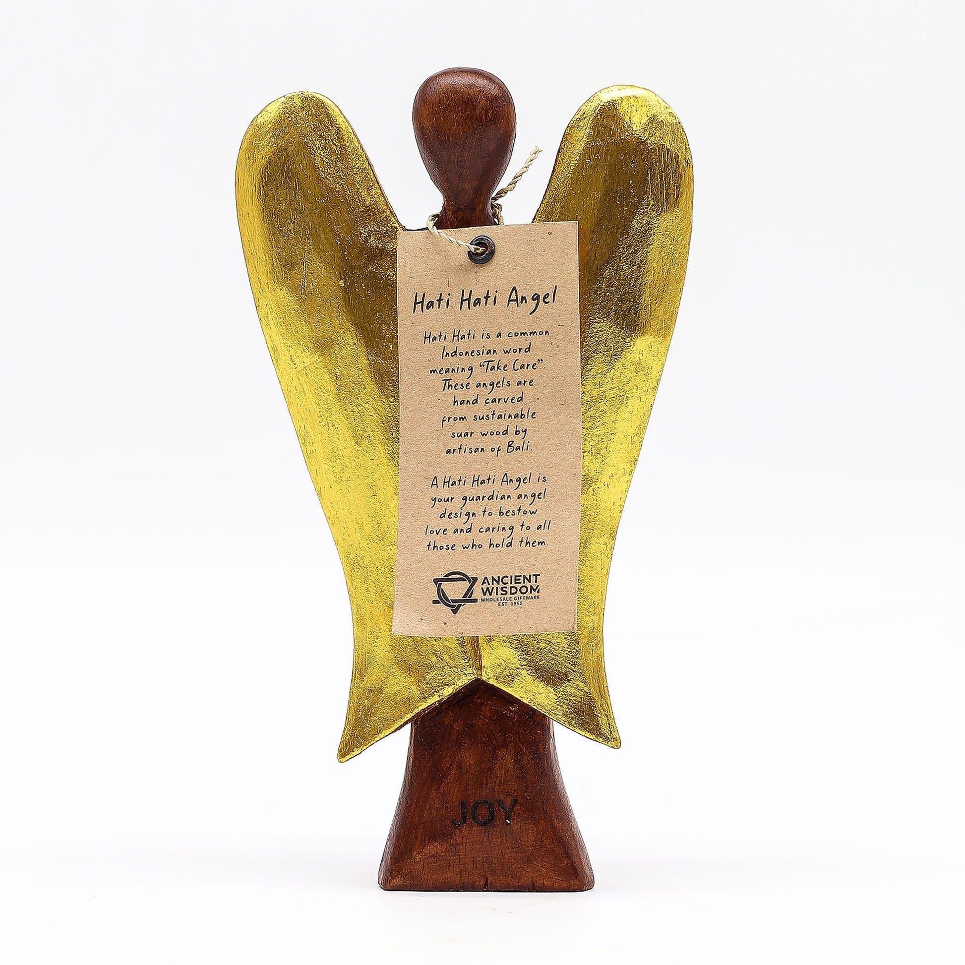 Suar-Holz Hati-Hati Angel – Joy 20CM handgeschnitzte Suar-Holz-Engelsfigur mit goldenen Flügeln, 20 cm
