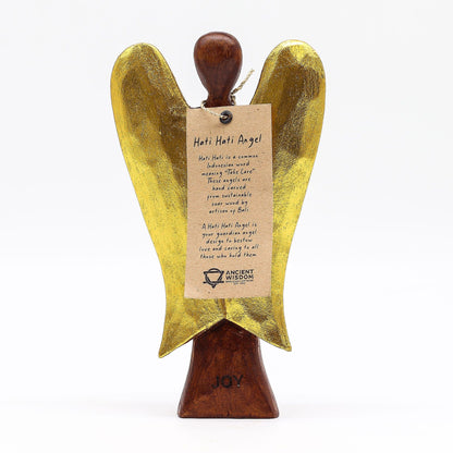 Suar-Holz Hati-Hati Angel – Joy 20CM handgeschnitzte Suar-Holz-Engelsfigur mit goldenen Flügeln, 20 cm