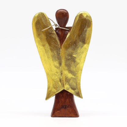 Suar Wood Hati-Hati Angel – Joy 20CM handgeschnitzte Suarholz-Engelfigur mit goldenen Flügeln, Vorderansicht