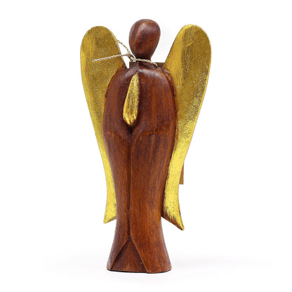 Suar Wood Hati-Hati Angel – Joy 20CM, handgeschnitzte Engelsfigur aus Suarholz mit goldenen Flügeln, Vorderansicht