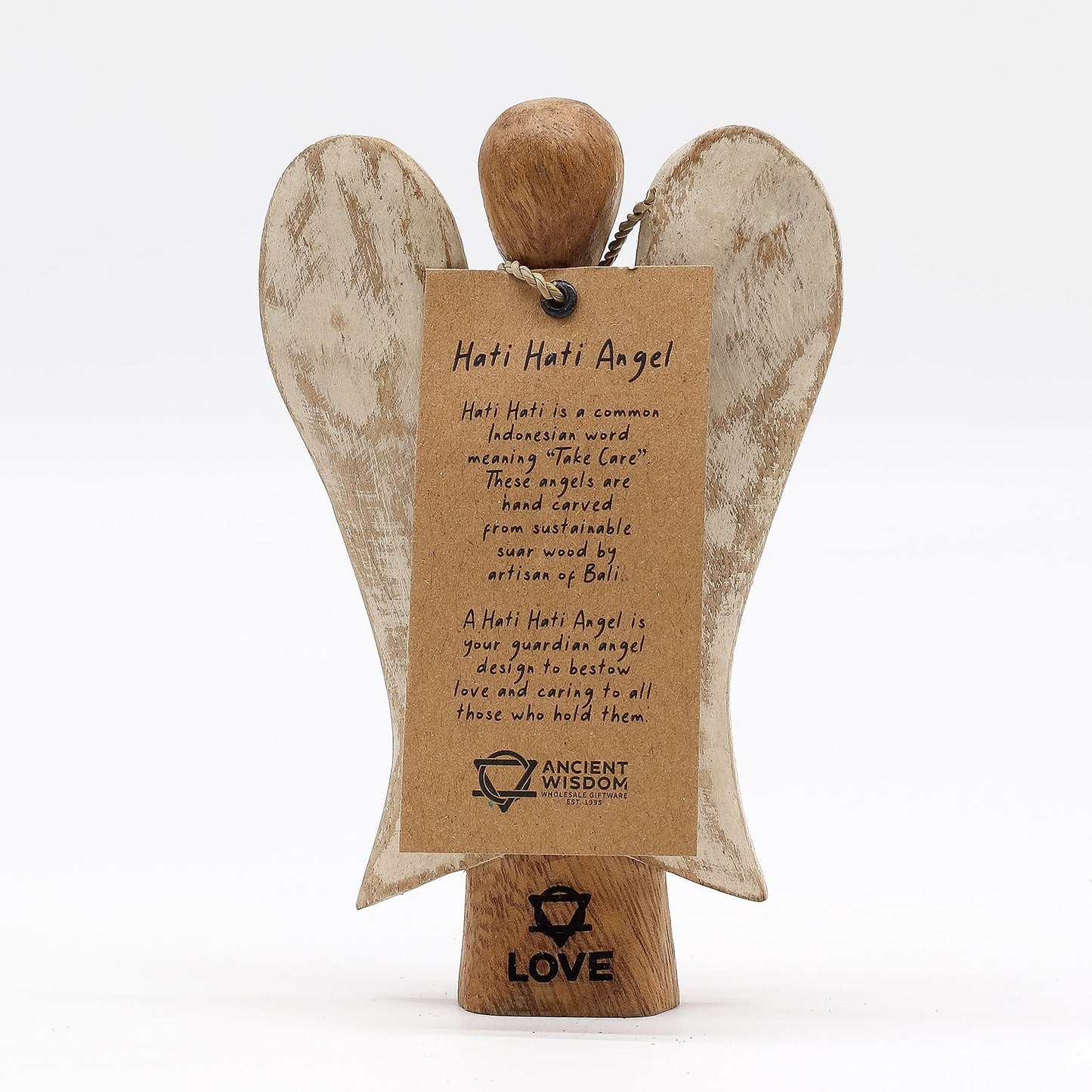 Suarholz Hati-Hati Angel – Love 15CM handgeschnitzte Engel-Figur aus Suarholz mit Flügeln und Love-Sockel, Vorderansicht