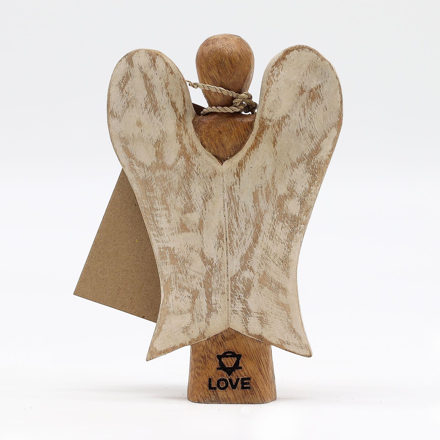 Suar Wood Hati-Hati Angel – Handgeschnitzte 15CM Suarholz-Engelsfigur „Love“ mit weißen Flügeln und LOVE-Sockel