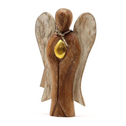 Suar Wood Hati-Hati Angel – Love 15CM handgeschnitzte Suarholz-Engelfigur mit weißen Flügeln und goldenem Herz-Detail