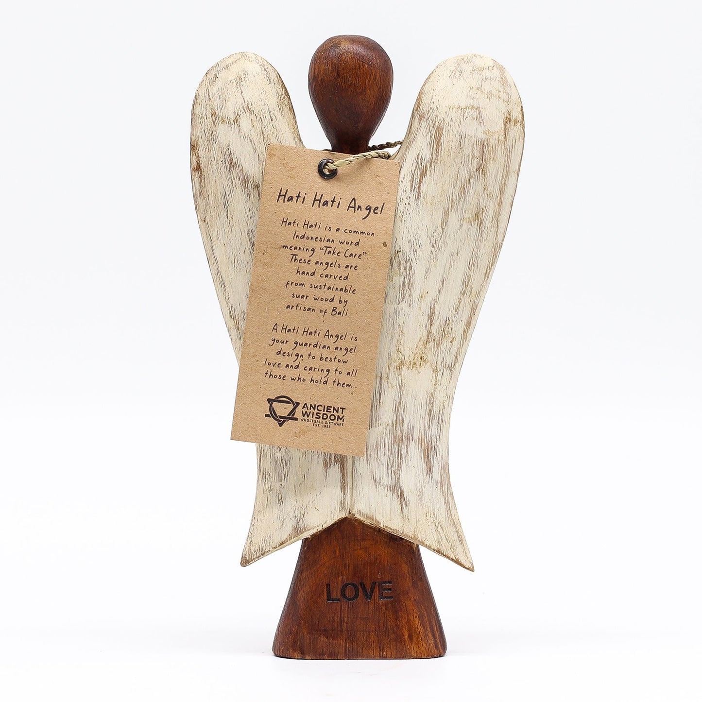 Alt Tag: Suar Wood Hati-Hati Angel – Love 20CM hand-carved Indonesian suar wood angel figurine with white wings and LOVE base