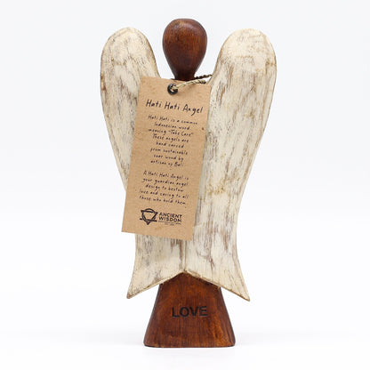 Alt Tag: Suar Wood Hati-Hati Angel – Love 20CM hand-carved Indonesian suar wood angel figurine with white wings and LOVE base