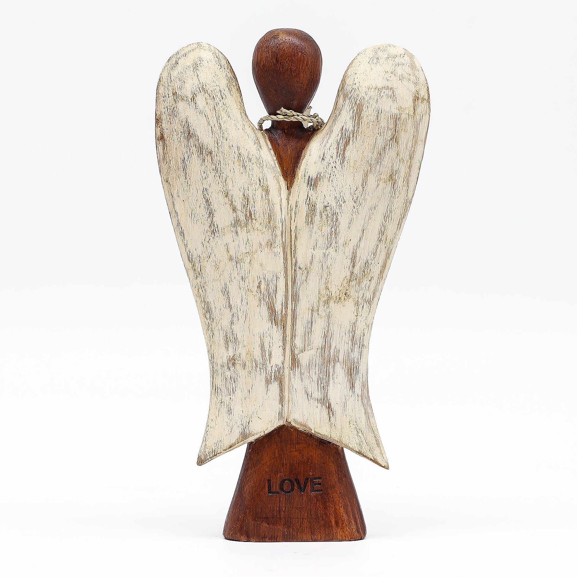 Alt Tag: Suar Wood Hati-Hati Angel – Love 20CM figura de ángel de madera suar tallada a mano, alas blancas y base con palabra LOVE