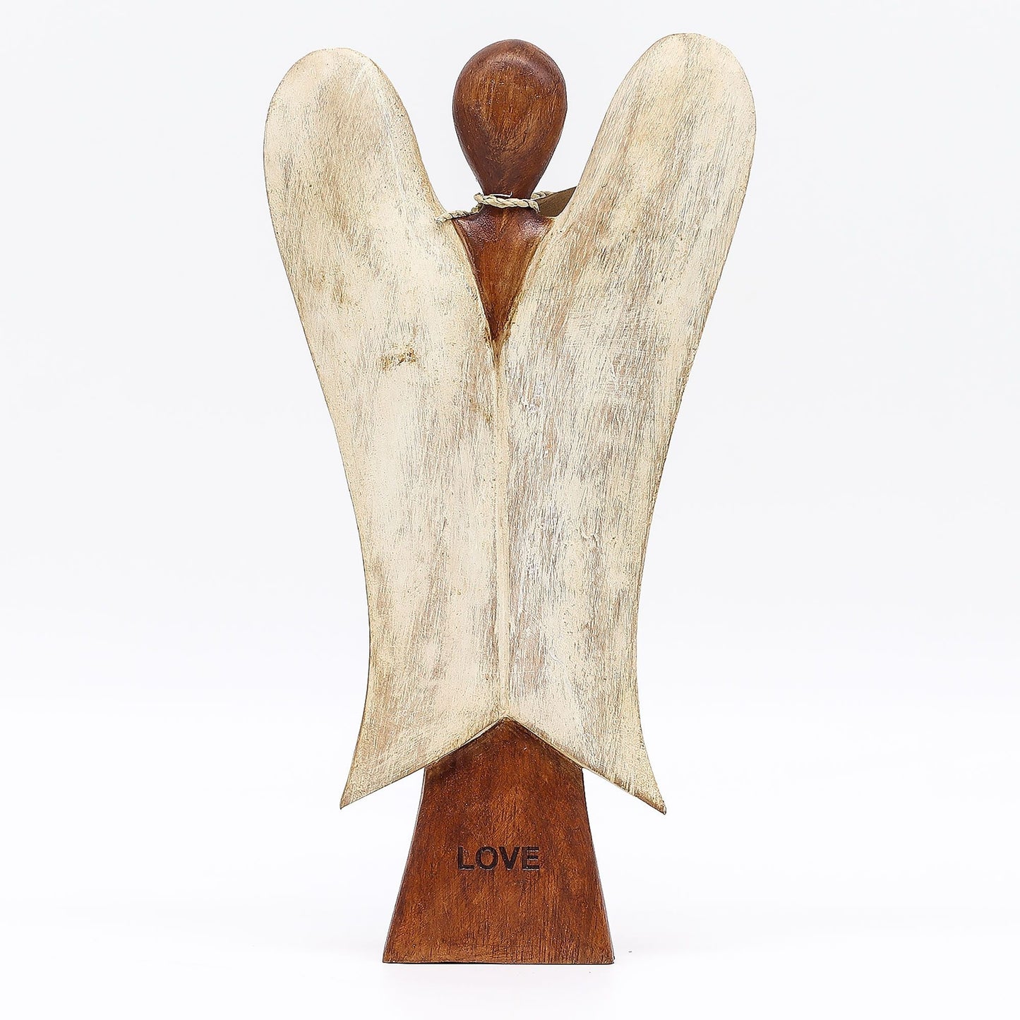 Suar Wood Hati-Hati Angel – Love – 25CM hand-carved suar wood angel figurine with white wings, “LOVE” base, 25 cm