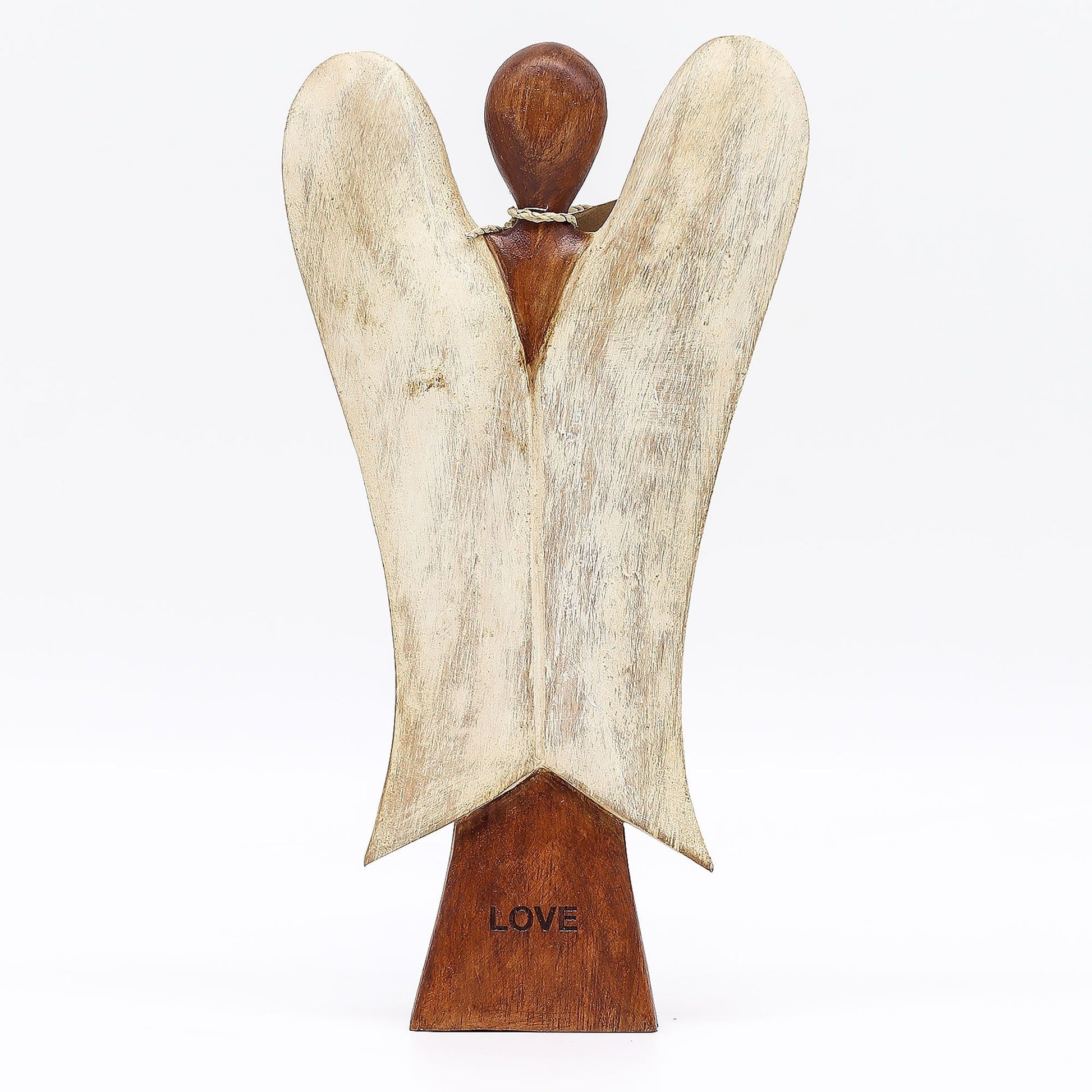 Suar Wood Hati-Hati Angel – Love – 25CM hand-carved suar wood angel figurine with white wings, “LOVE” base, 25 cm