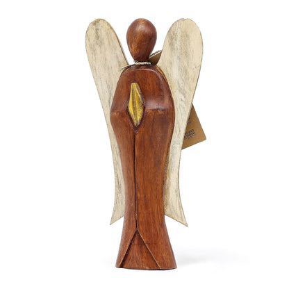 Alt Tag: Suar Wood Hati-Hati Angel – Love – 25CM hand-carved sustainable suar wood angel figurine, 25 cm tall, brown with light wings