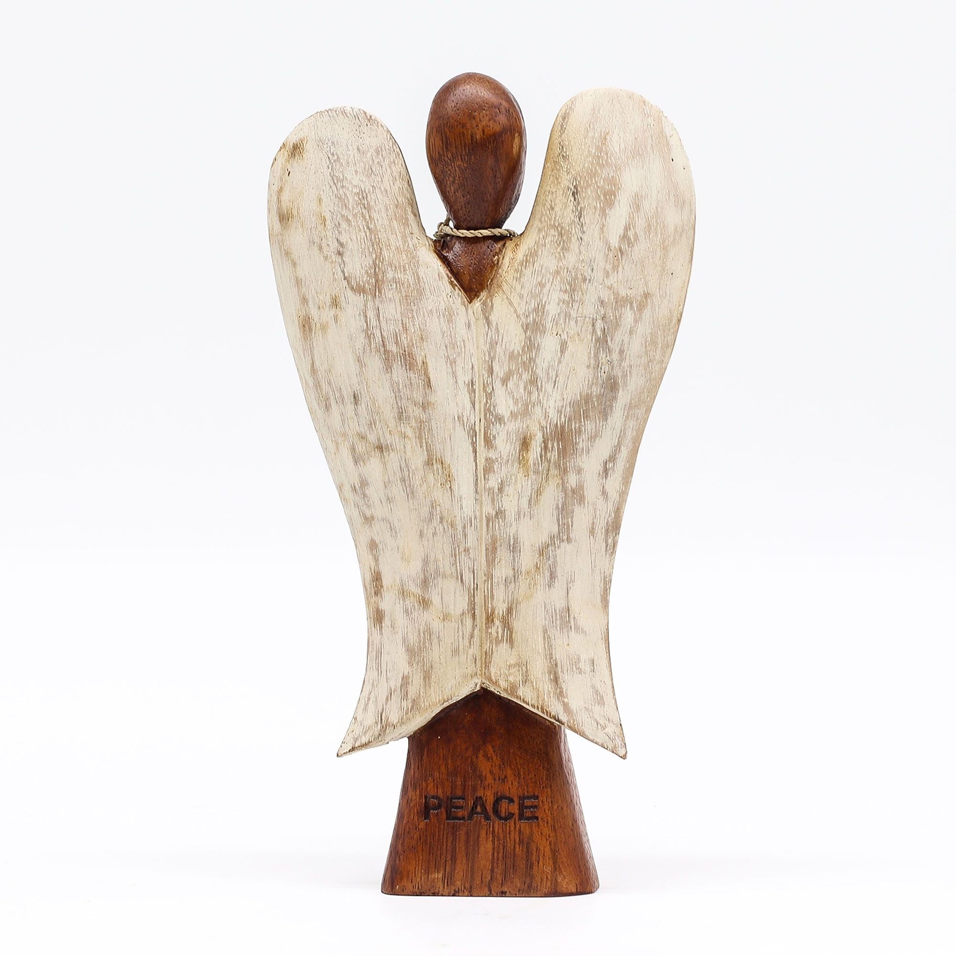 Alt Tag: Suar Wood Hati-Hati Angel – Peace 20CM hand-carved suar wood angel sculpture with white wings and “PEACE” base