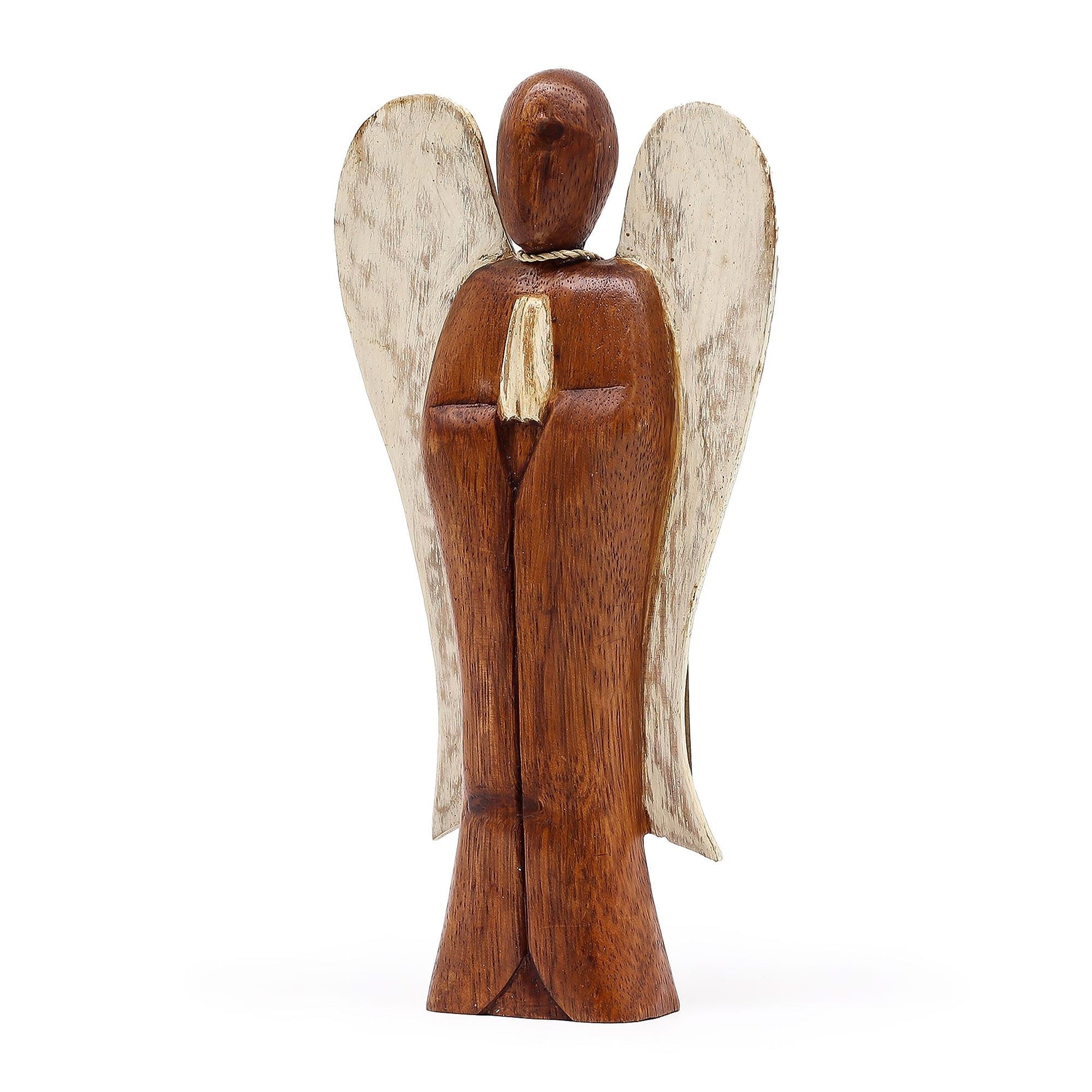 Alt Tag: Suar Wood Hati-Hati Angel – Peace 20CM hand-carved wooden angel figurine with white wings, 20cm decor sculpture
