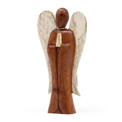 Alt Tag: Suar Wood Hati-Hati Angel – Peace 20CM hand-carved wooden angel figurine with white wings, 20cm decor sculpture